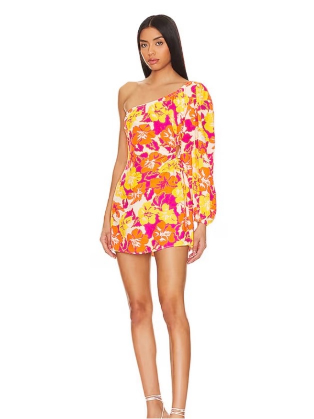 l*space One-Shoulder Floral Festival Party Mini Dress in Pink and Yellow